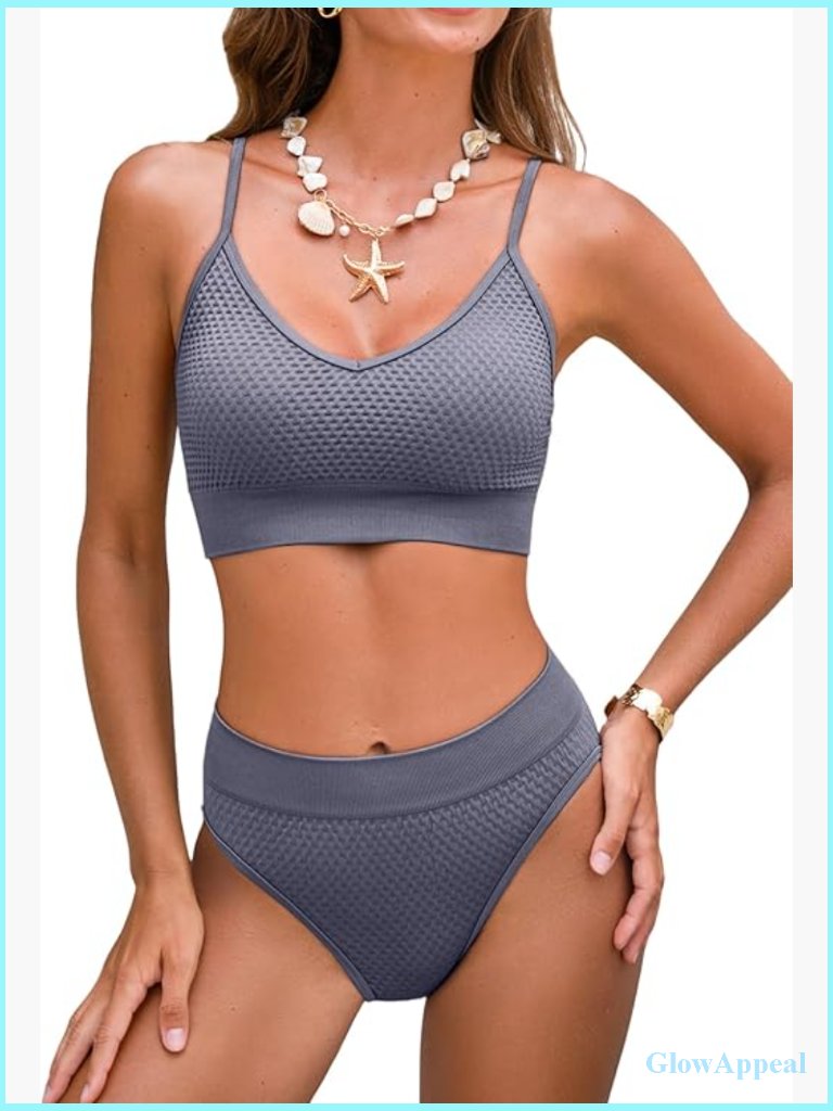 Sporty Seamless Textured Bikini Set - Adjustable Straps Mid Rise Tummy Control